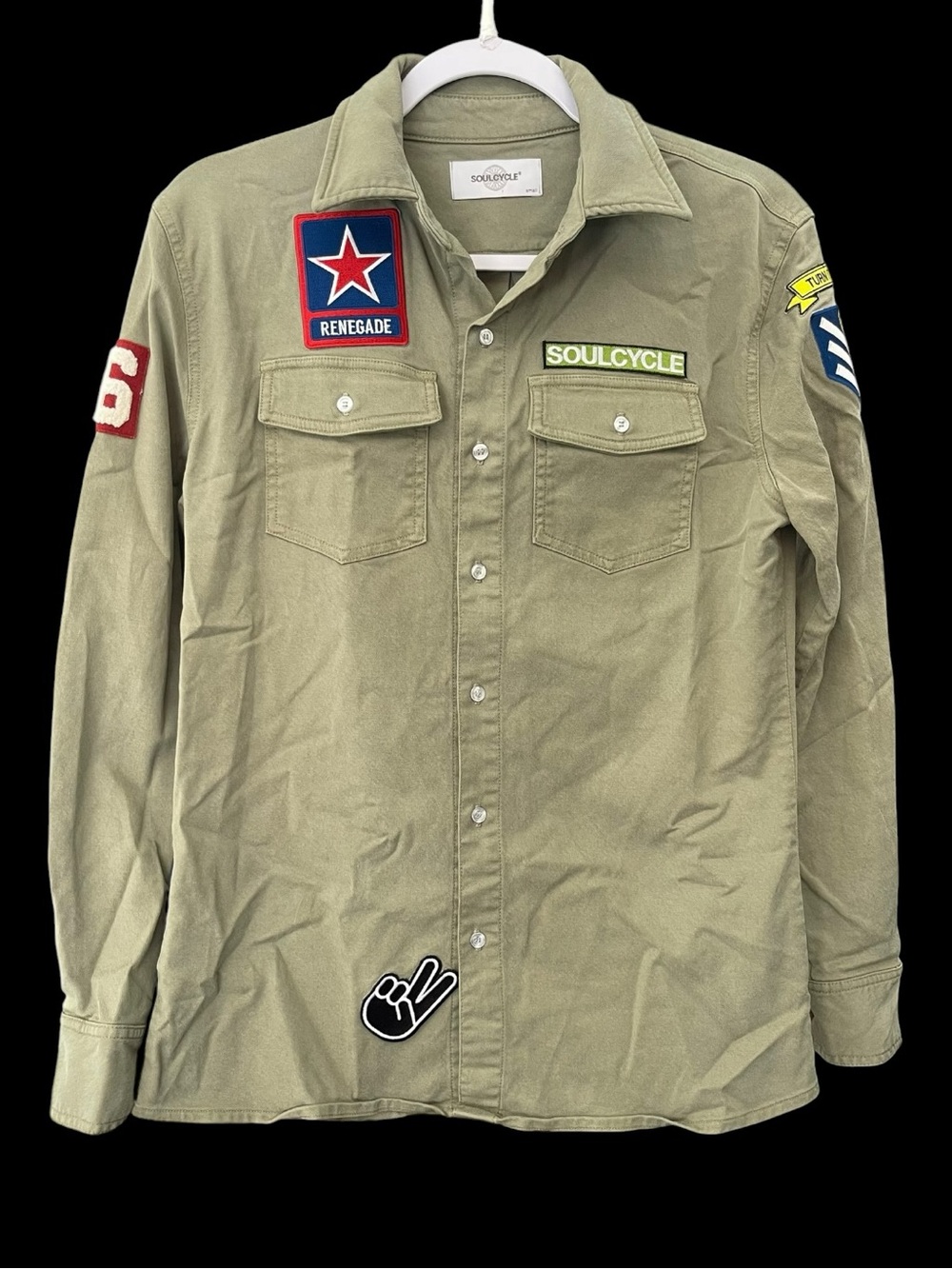 SoulCycle Olive Utility Patch Button Up Shirt Small Military Workwear Cotton